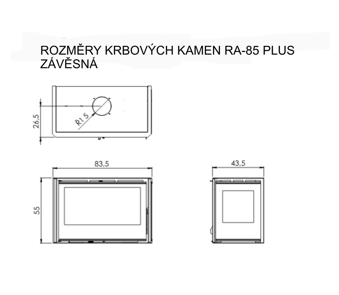 Krbová kamna RA-85 Plus s třístraným prosklením,  závěsná